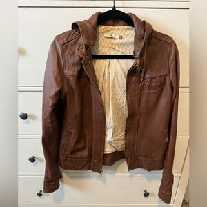 Real brown leather jacket with hood